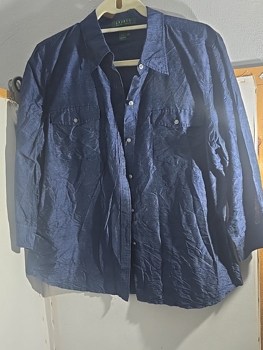 Lauren Ralph Lauren Deep Navy 100% Silk Button-Front Shirt. size 16